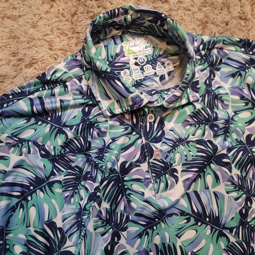 TailorByrd Polo Shirt Mens Medium Blue Green Tropical Monstera Leaf Performance‎